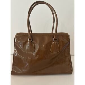 Prada Patent Leather Tote Brown Ribbed Top Handle Bag